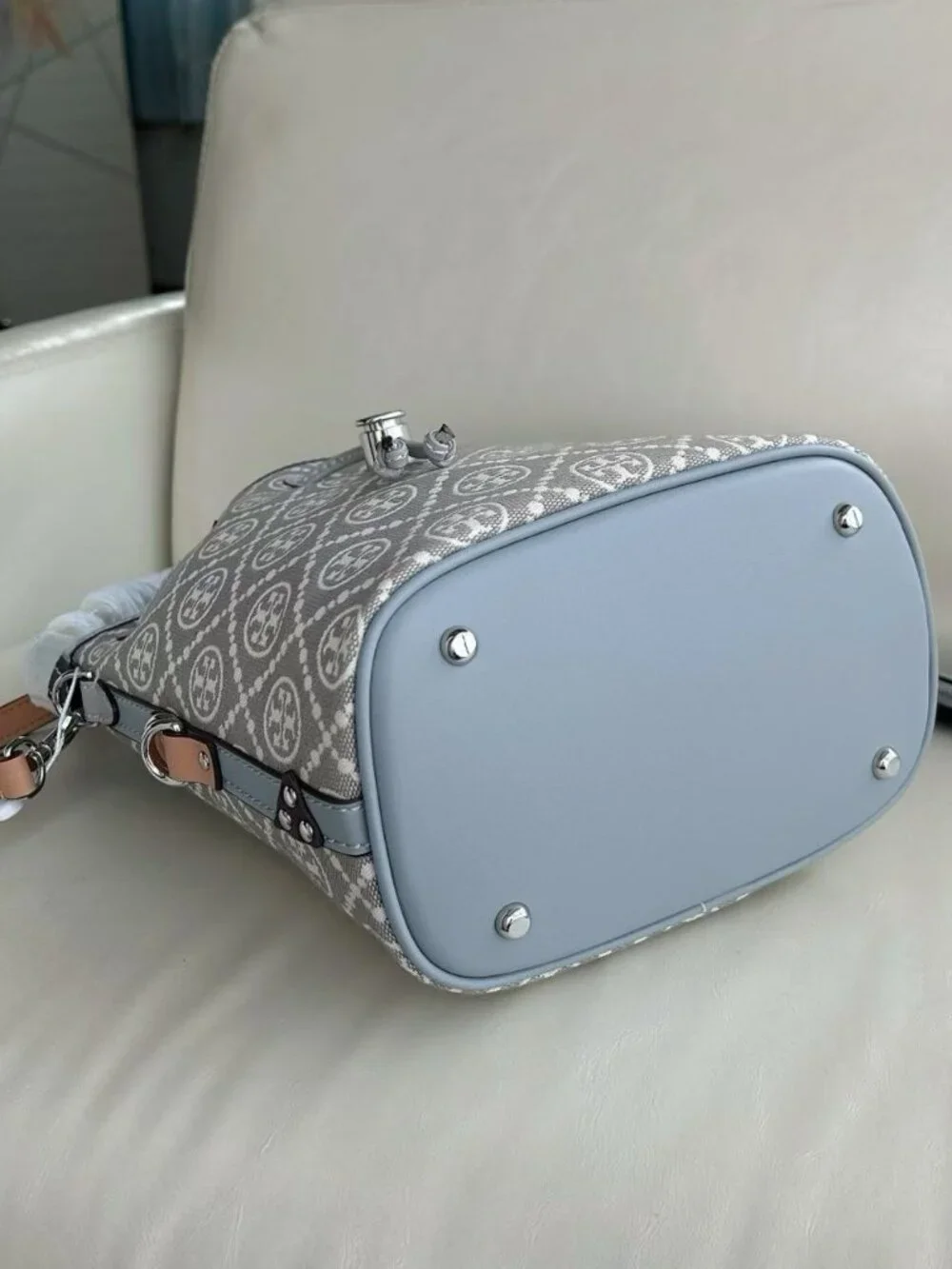 Tory Burch Monogram Jacquard Bucket Bag Grey Full Set With Mini
